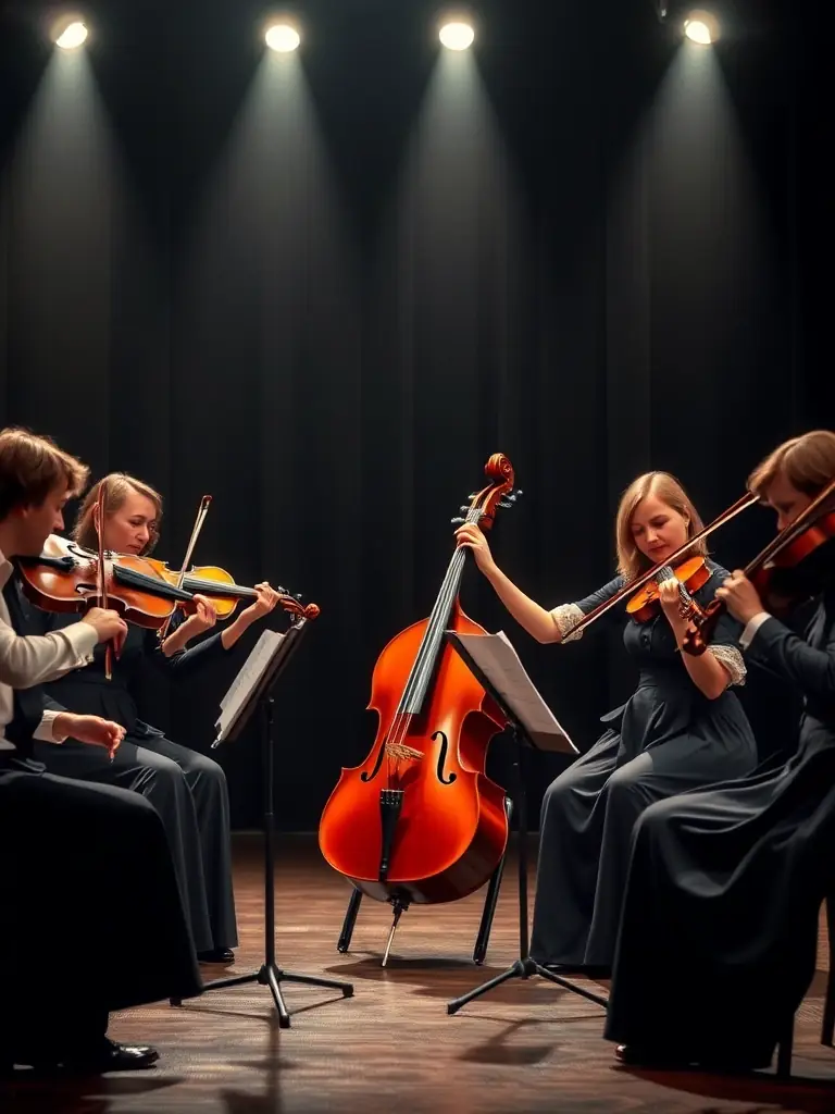 A photograph capturing a live classical performance by Les Archets de Lyon, showcasing the musicians in action on stage with their instruments, bathed in soft lighting.