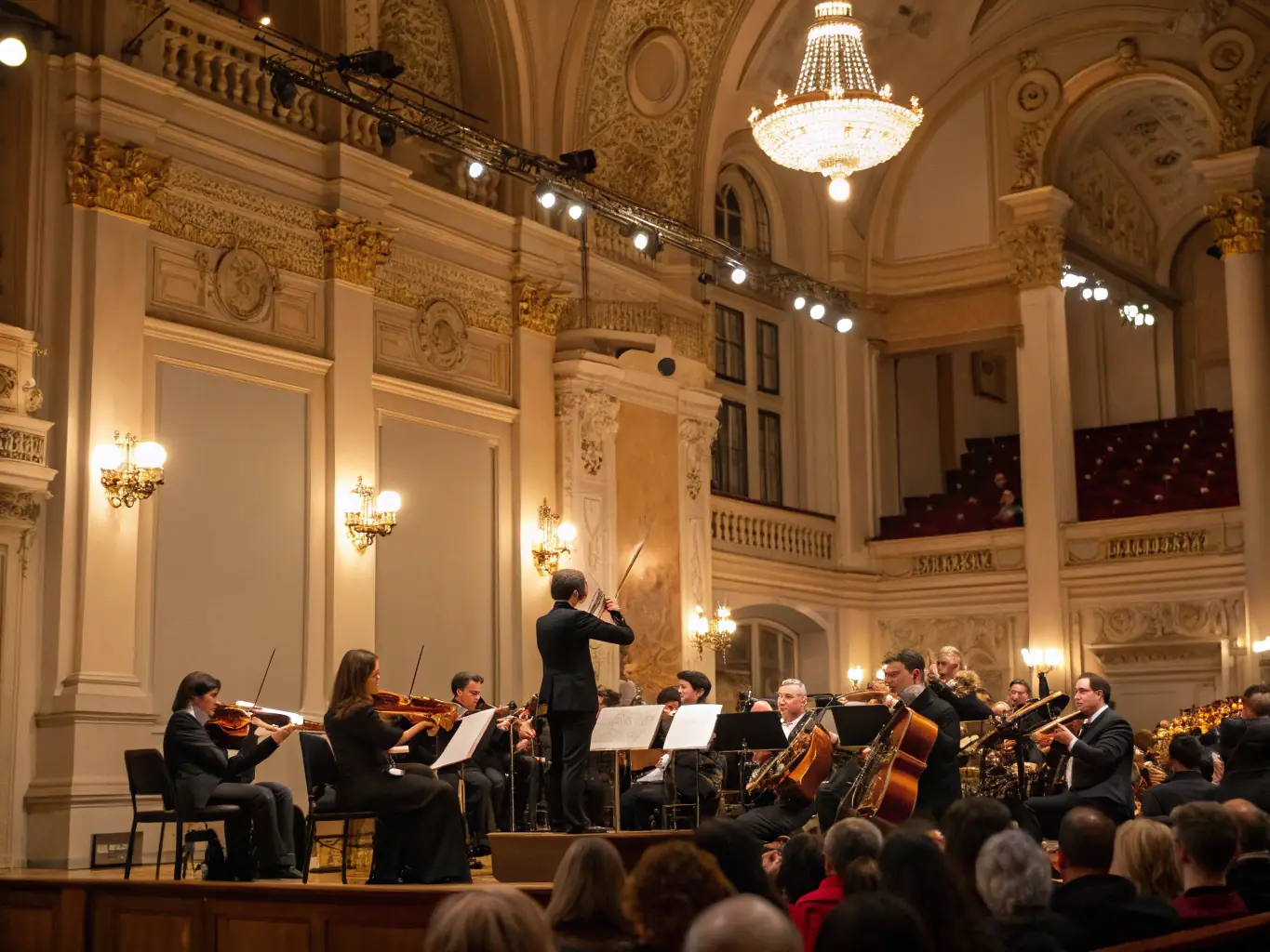 A photograph capturing a live performance of Les Archets de Lyon in a grand concert hall, showcasing the ensemble's energy and passion.