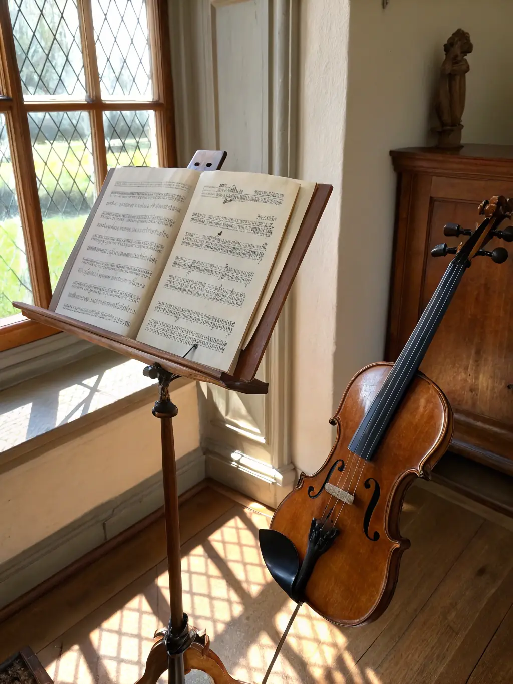 A close-up shot of sheet music with a bow resting on it, symbolizing the dedication and artistry involved in Les Archets de Lyon's performances.