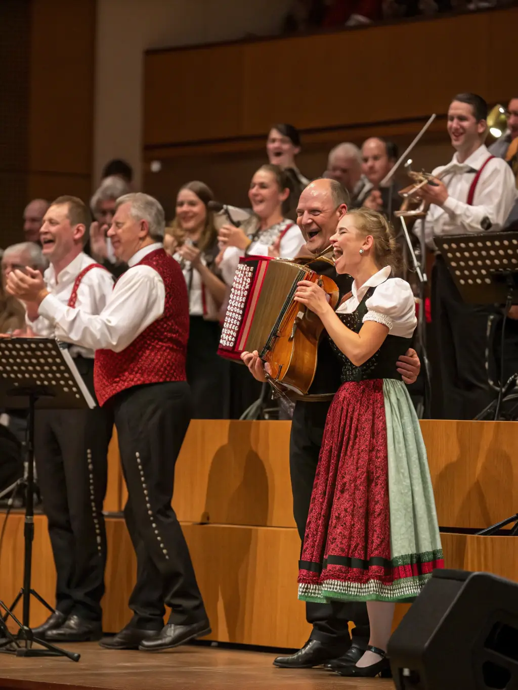 A photograph depicting a vibrant cultural event organized by Les Archets de Lyon, featuring musicians and audience members interacting in a lively and engaging atmosphere.