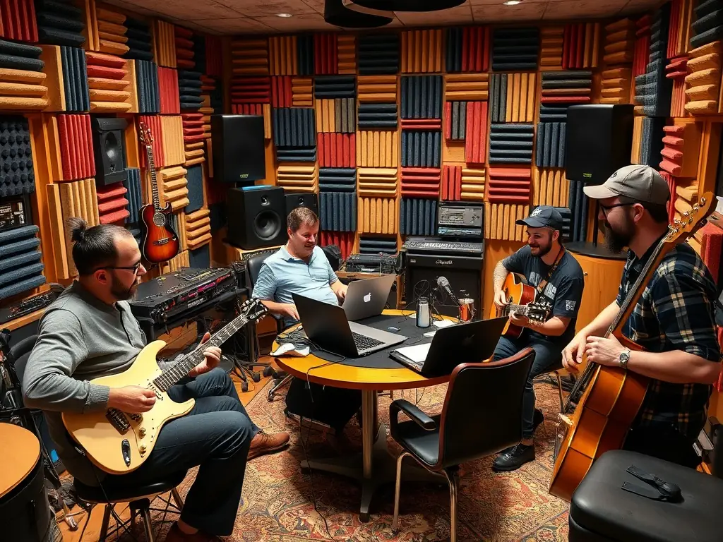 A photograph of Les Archets de Lyon in a recording studio, capturing the meticulous process of producing high-quality recordings of their performances.